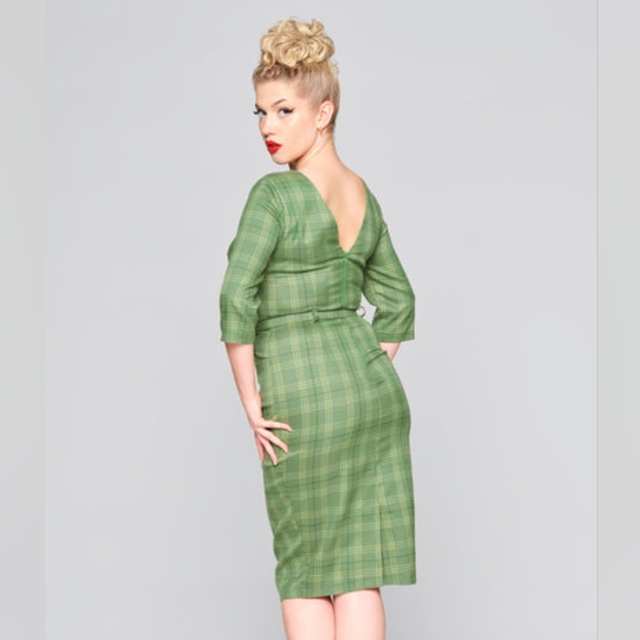 NWOT Collectif Adaline Leaf Check Green Plaid Fitted Wiggle Dress - Picture 5 of 15